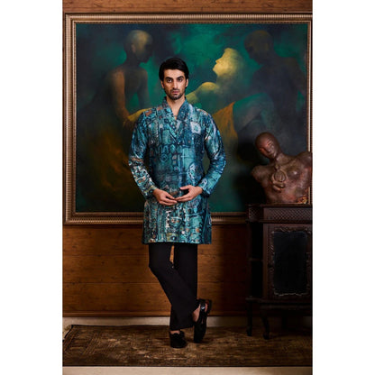 HISTORI Cotton Lycra Men Blue Abstract Kurta with Pant
