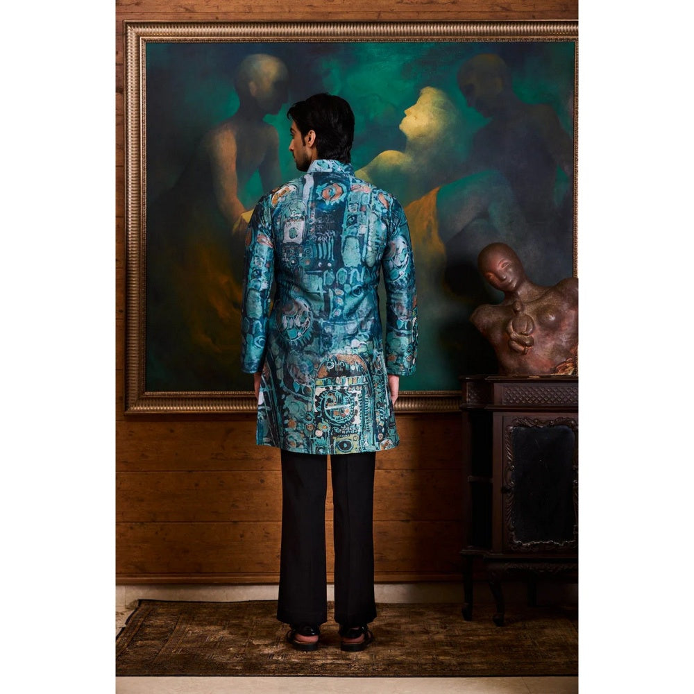 HISTORI Cotton Lycra Men Blue Abstract Kurta with Pant