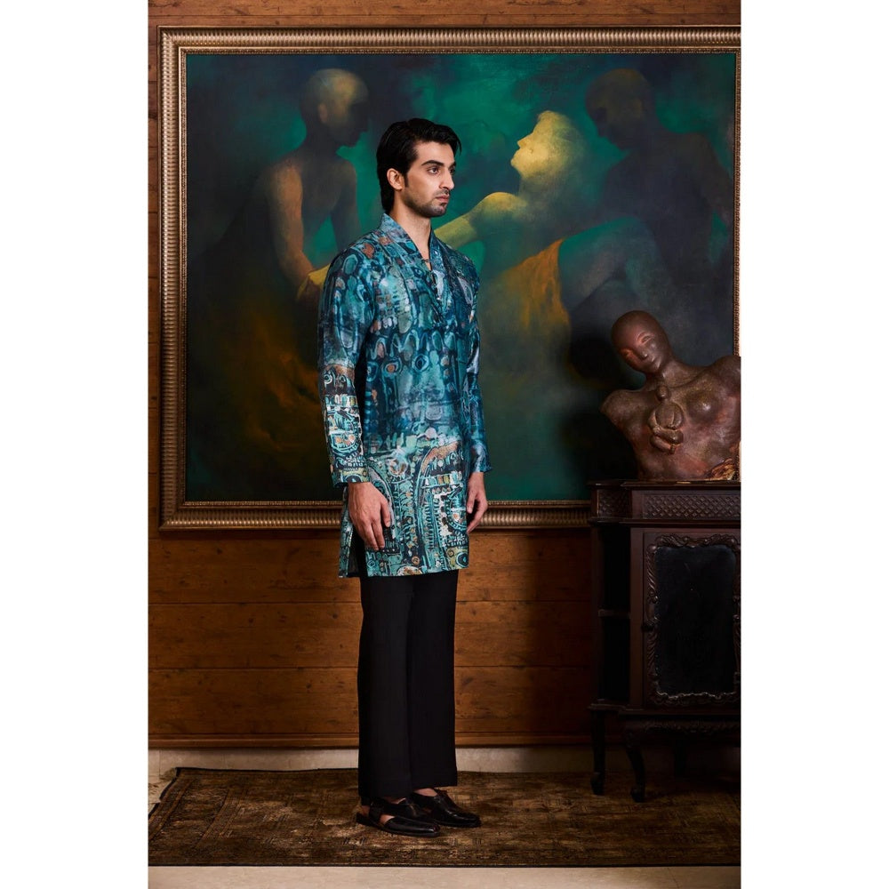 HISTORI Cotton Lycra Men Blue Abstract Kurta with Pant