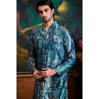 HISTORI Cotton Lycra Men Blue Abstract Kurta with Pant