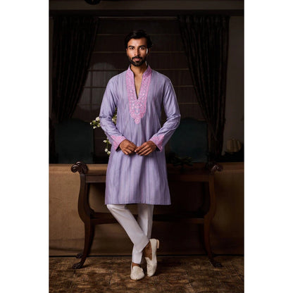 HISTORI Cotton Lycra Men Purple Embroidered Kurta with Pant
