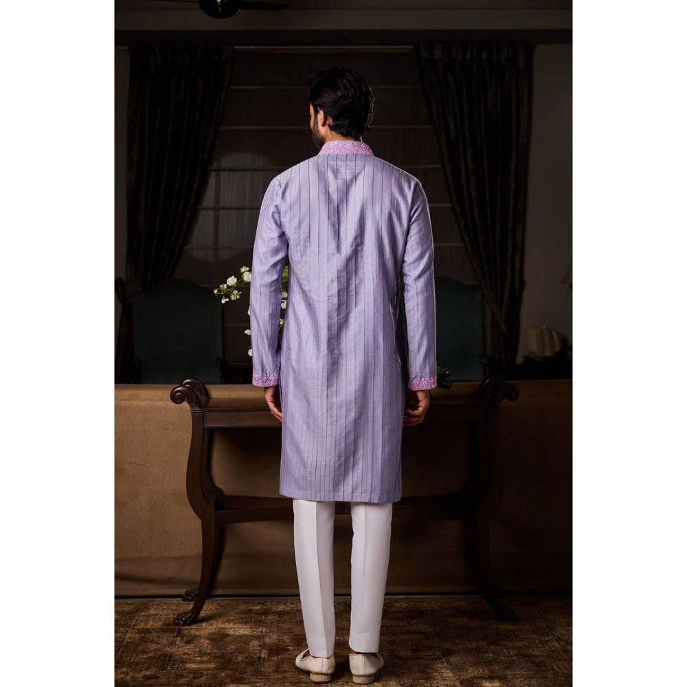 HISTORI Cotton Lycra Men Purple Embroidered Kurta with Pant