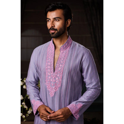 HISTORI Cotton Lycra Men Purple Embroidered Kurta with Pant