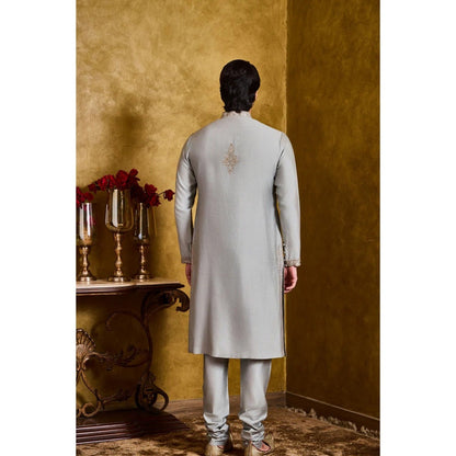 HISTORI Cotton Silk Men Grey Embroidered Kurta with Churidar