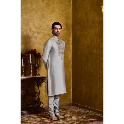 HISTORI Cotton Silk Men Grey Embroidered Kurta with Churidar