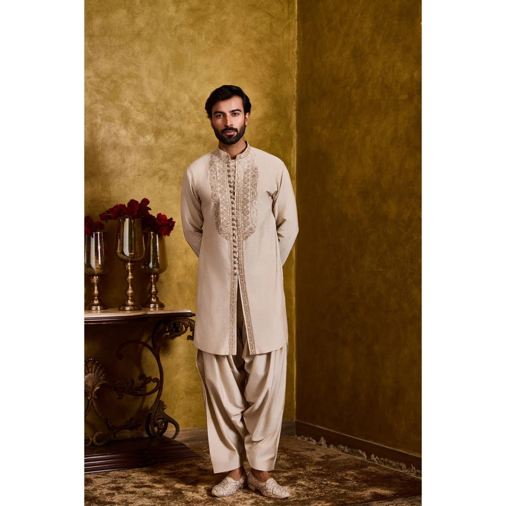 HISTORI Cotton Silk Men Beige Embroidered Kurta with Salwar