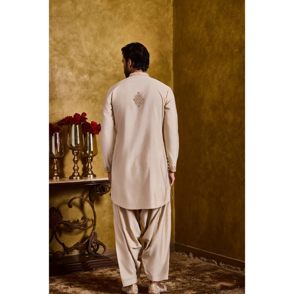 HISTORI Cotton Silk Men Beige Embroidered Kurta with Salwar