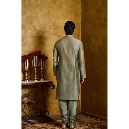 HISTORI Chanderi Men Olive Embroidered Kurta with Churidar