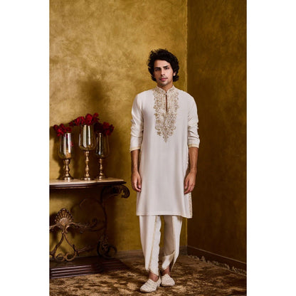 HISTORI Cotton Silk Men Ivory Embroidered Kurta with Dhoti