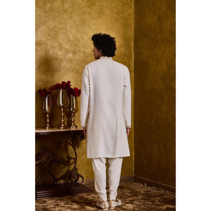 HISTORI Cotton Silk Men Ivory Embroidered Kurta with Dhoti