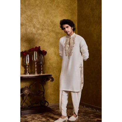 HISTORI Cotton Silk Men Ivory Embroidered Kurta with Dhoti
