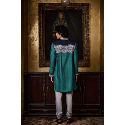 HISTORI Cotton Silk Men Teal Embroidered Kurta with Churidar