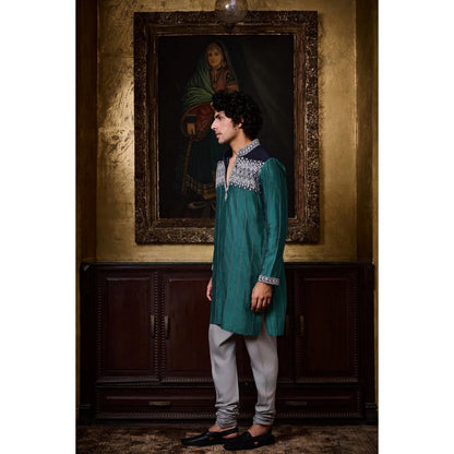 HISTORI Cotton Silk Men Teal Embroidered Kurta with Churidar