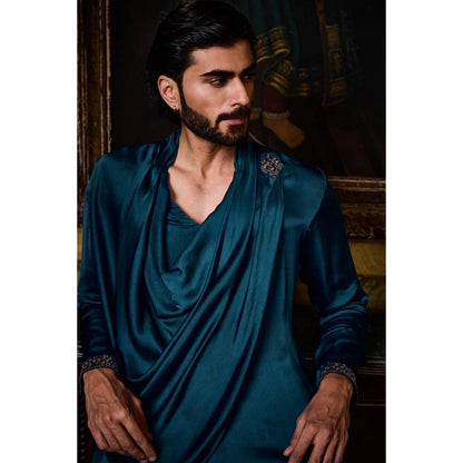 HISTORI Satin Men Blue Embellished Kurta with Salwar