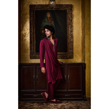 HISTORI Satin Men Burgundy Embellished Kurta with Salwar