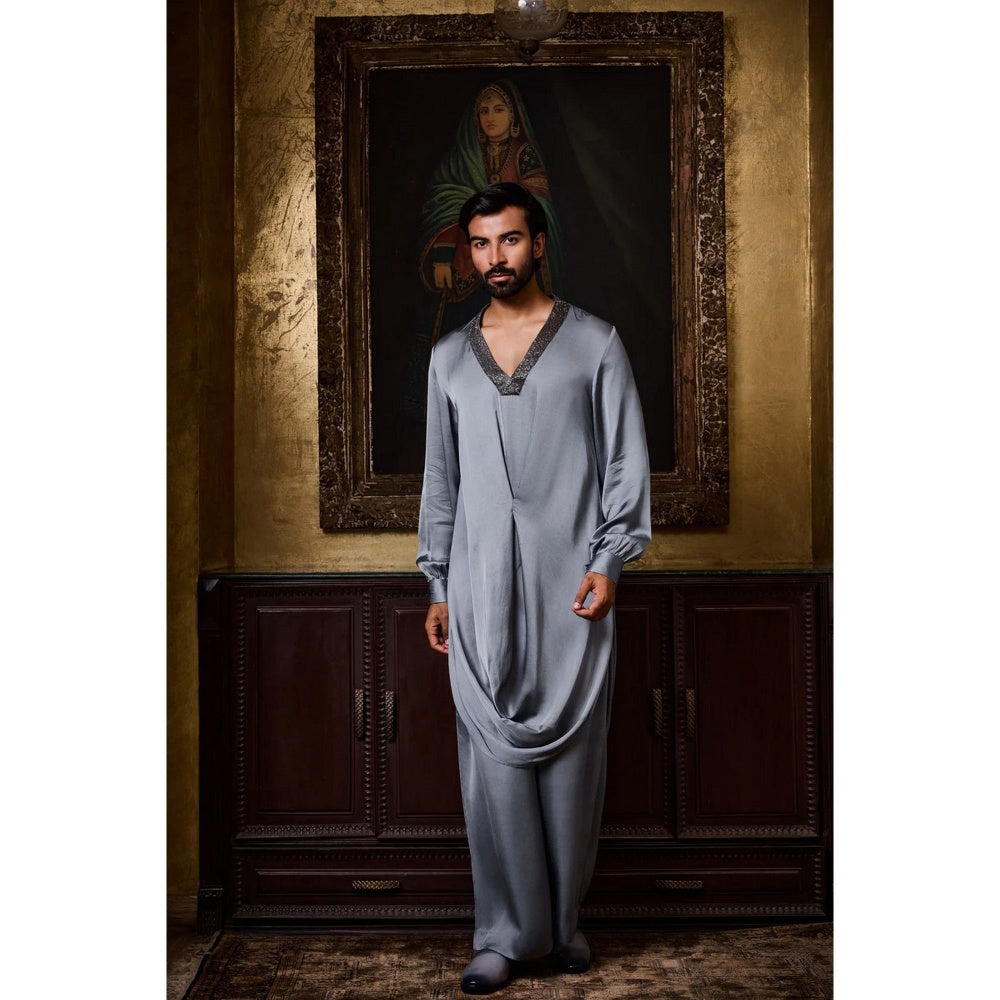 HISTORI Satin Men Grey Embellished Kurta with Pyjama