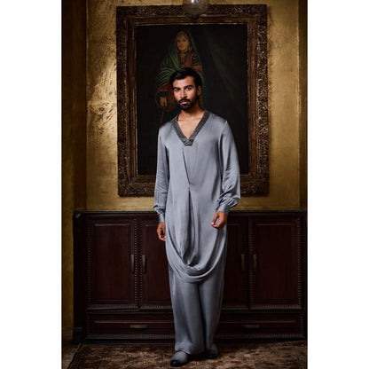 HISTORI Satin Men Grey Embellished Kurta with Pyjama