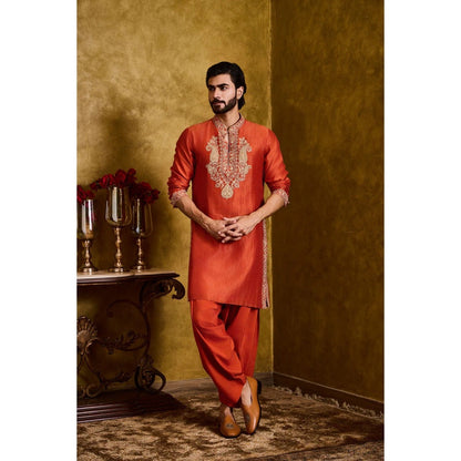 HISTORI Chanderi Silk Men Rust Embroidered Kurta with Salwar