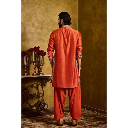 HISTORI Chanderi Silk Men Rust Embroidered Kurta with Salwar