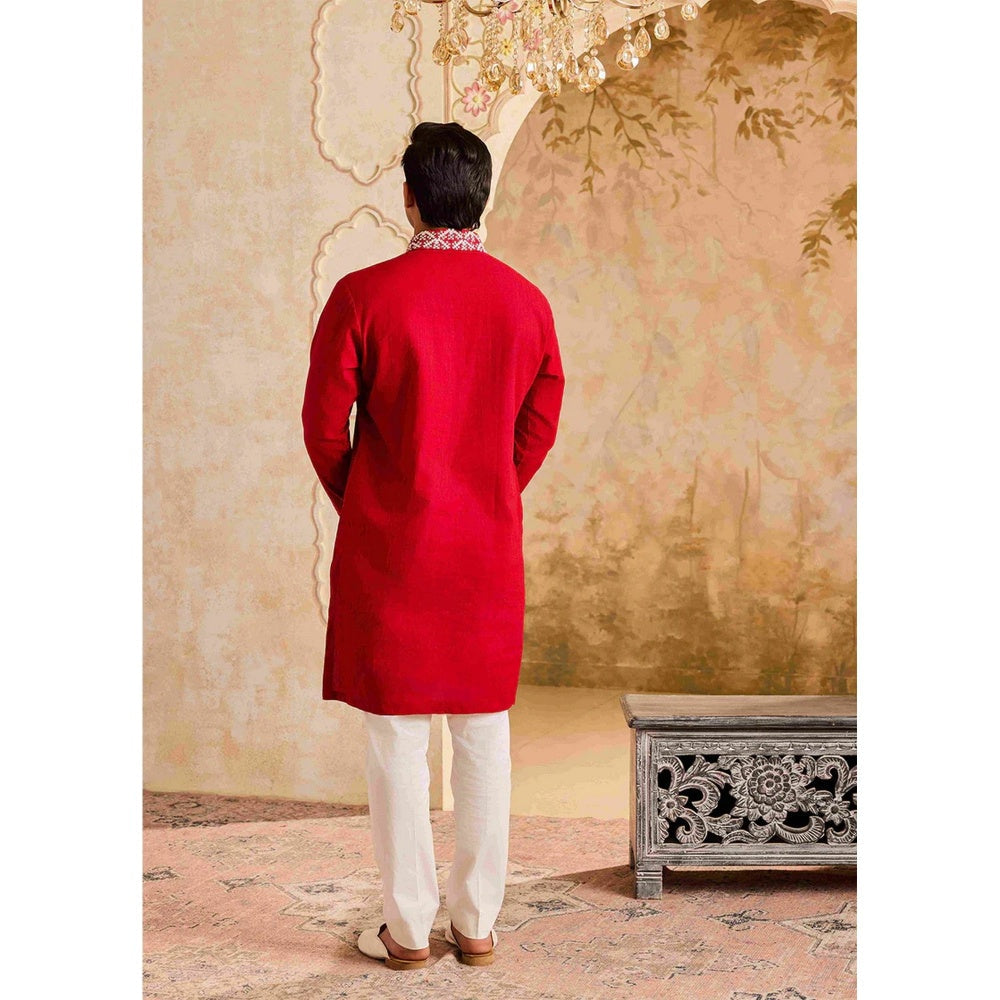HISTORI Linen Men Red Embroidered Kurta with Pant