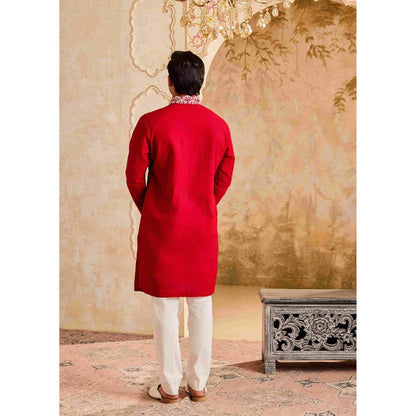 HISTORI Linen Men Red Embroidered Kurta with Pant