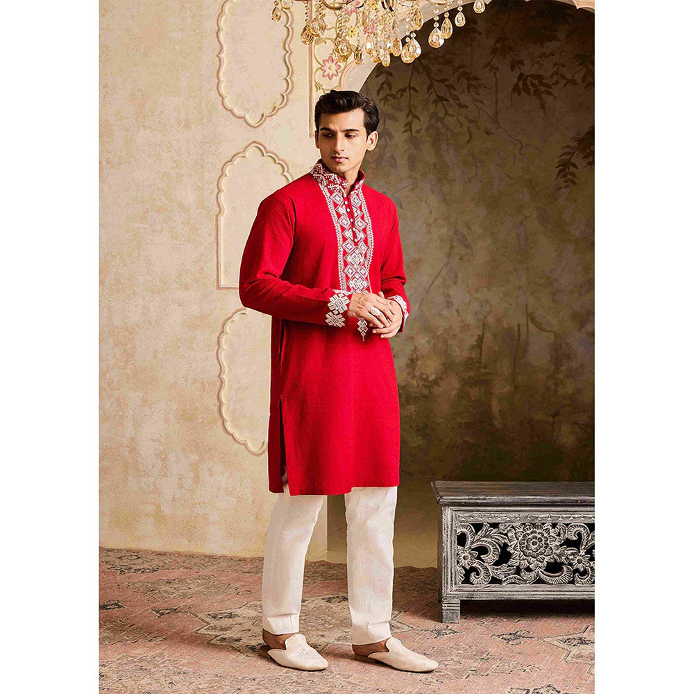 HISTORI Linen Men Red Embroidered Kurta with Pant