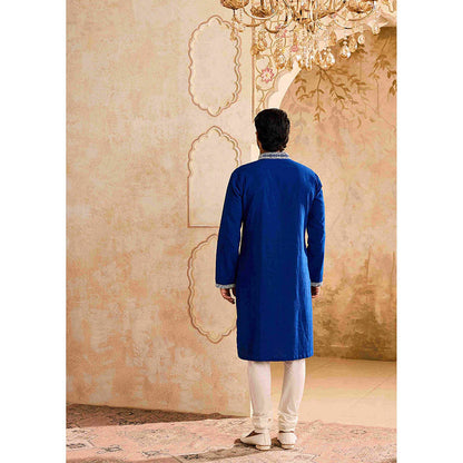 HISTORI Linen Men Blue Embroidered Kurta with Churidar