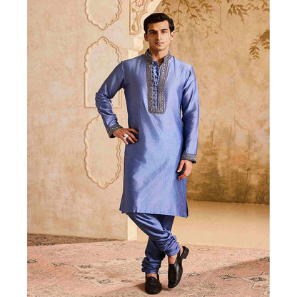HISTORI Chanderi Men Blue Embellished Kurta with Churidar