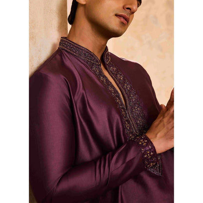 HISTORI Chanderi Men Wine Embellished Kurta with Trouser