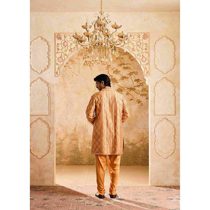 HISTORI Chanderi Men Rust Embroidered Kurta with Salwar
