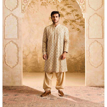 HISTORI Cotton Silk Men Beige Embroidered Kurta with Salwar