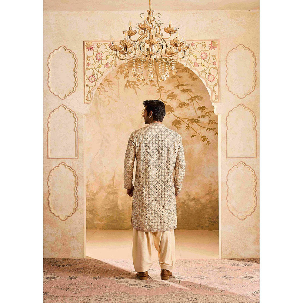 HISTORI Cotton Silk Men Beige Embroidered Kurta with Salwar