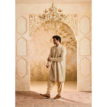 HISTORI Cotton Silk Men Beige Embroidered Kurta with Salwar