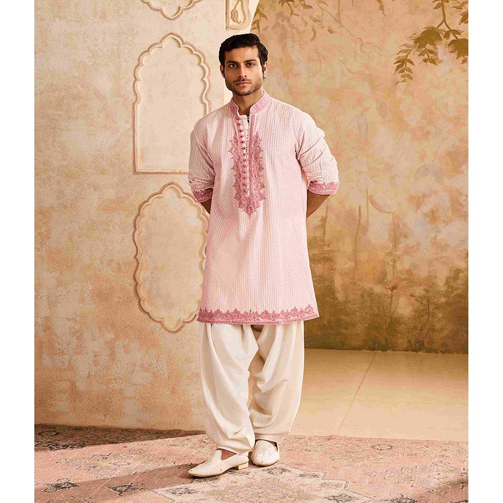 HISTORI Cotton Silk Men Pink Embroidered Kurta with Salwar