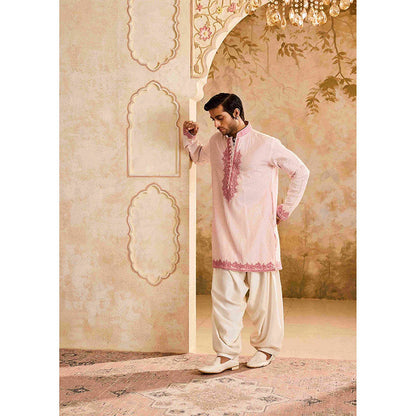 HISTORI Cotton Silk Men Pink Embroidered Kurta with Salwar