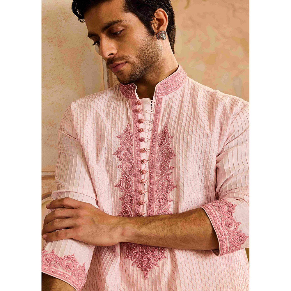 HISTORI Cotton Silk Men Pink Embroidered Kurta with Salwar