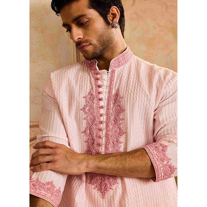 HISTORI Cotton Silk Men Pink Embroidered Kurta with Salwar