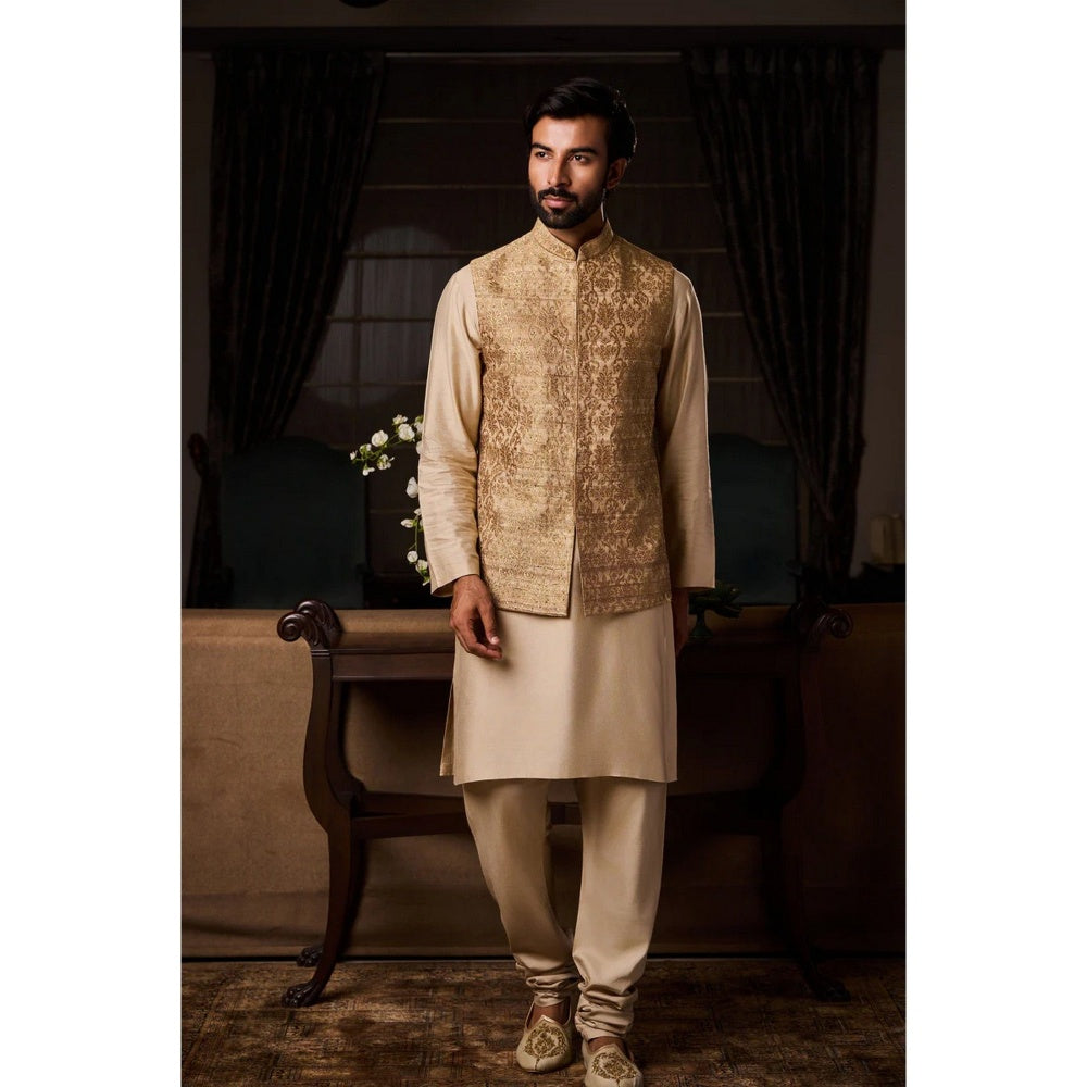 HISTORI Silk Men Beige Embroidered Nehru Jacket and Kurta with Churidar