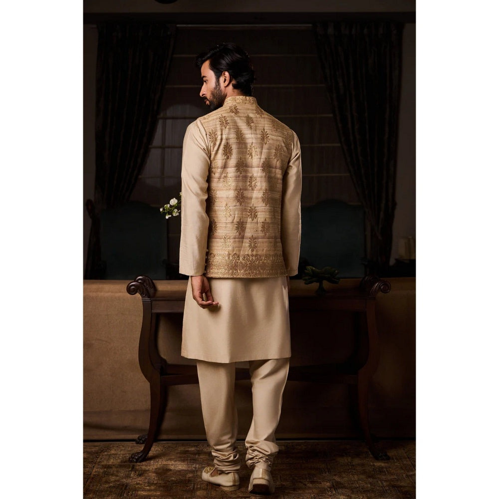 HISTORI Silk Men Beige Embroidered Nehru Jacket and Kurta with Churidar
