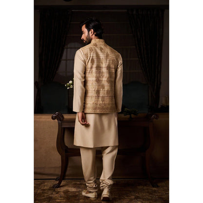 HISTORI Silk Men Beige Embroidered Nehru Jacket and Kurta with Churidar