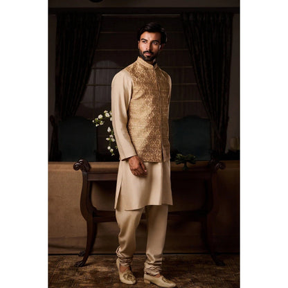 HISTORI Silk Men Beige Embroidered Nehru Jacket and Kurta with Churidar