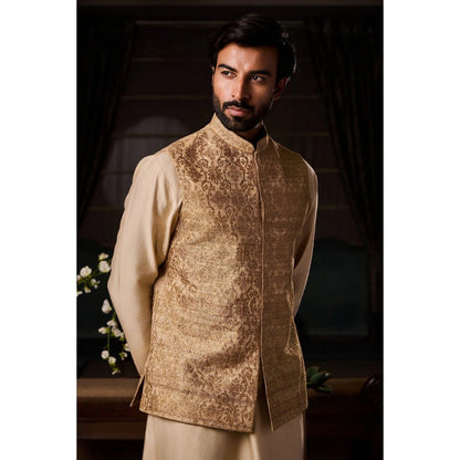 HISTORI Silk Men Beige Embroidered Nehru Jacket and Kurta with Churidar