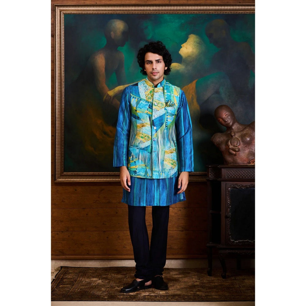 HISTORI Cotton Men Blue Abstract Nehru Jacket and Kurta with Pant