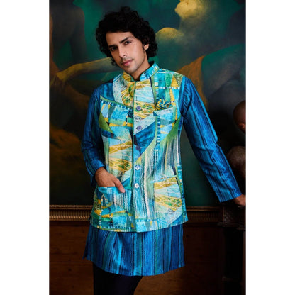 HISTORI Cotton Men Blue Abstract Nehru Jacket and Kurta with Pant
