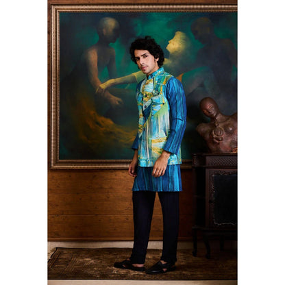 HISTORI Cotton Men Blue Abstract Nehru Jacket and Kurta with Pant