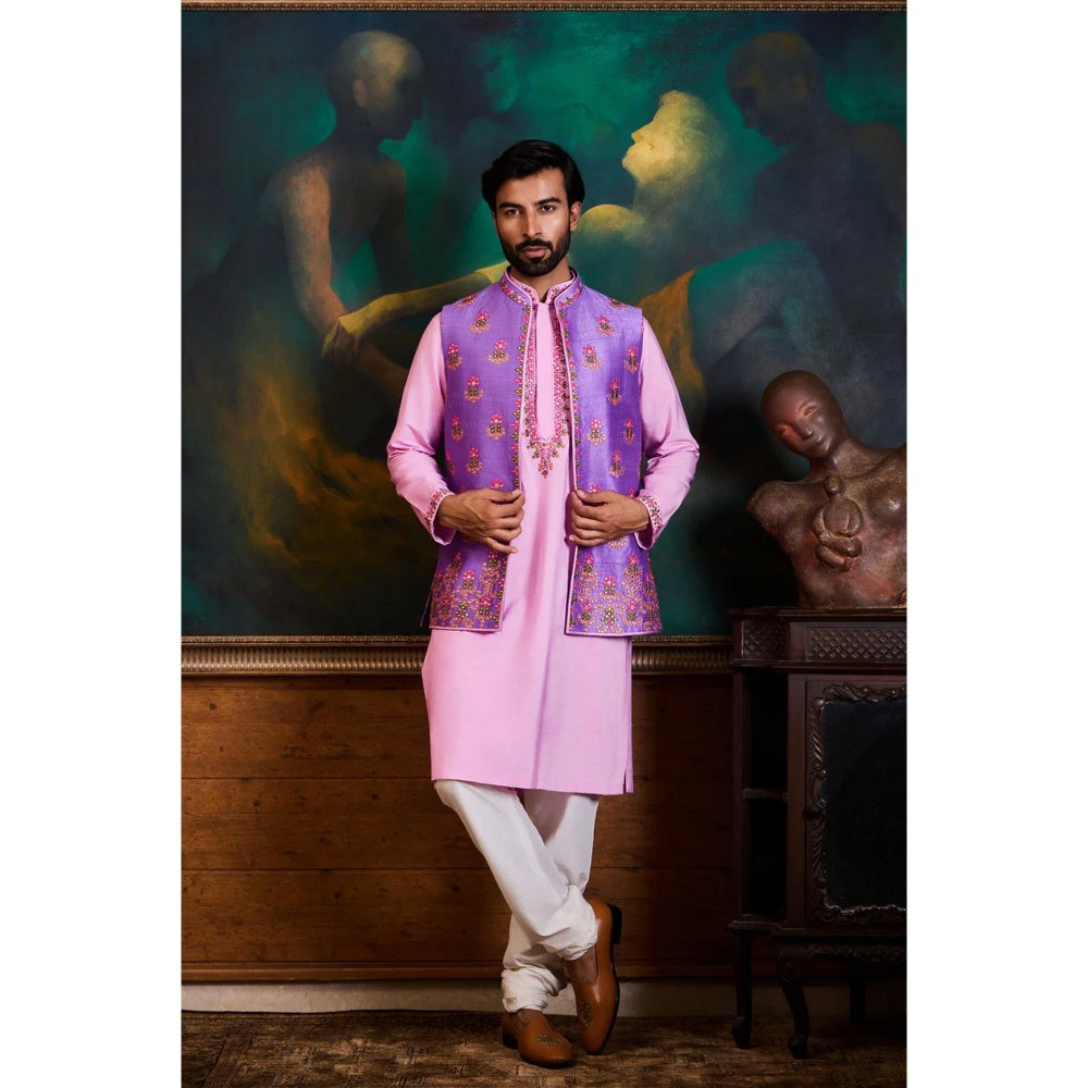 HISTORI Cotton Men Multi-Color Embroidered Nehru Jacket and Kurta with Churidar