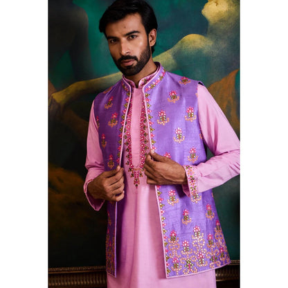 HISTORI Cotton Men Multi-Color Embroidered Nehru Jacket and Kurta with Churidar