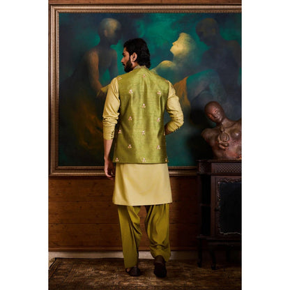 HISTORI Cotton Men Olive Embroidered Nehru Jacket and Kurta with Salwar