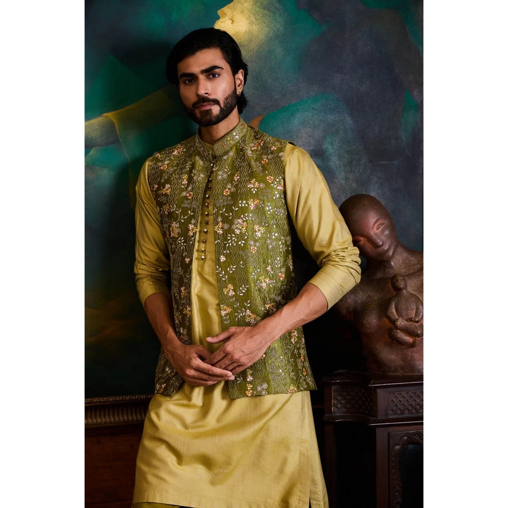 HISTORI Cotton Men Olive Embroidered Nehru Jacket and Kurta with Salwar