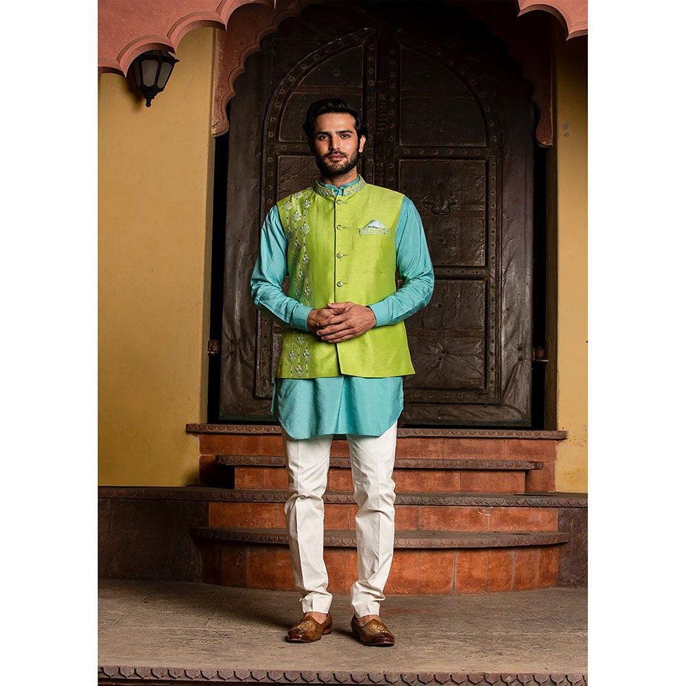 HISTORI Turq Lime Raw Silk Blue Kurta with Jacket and Pant